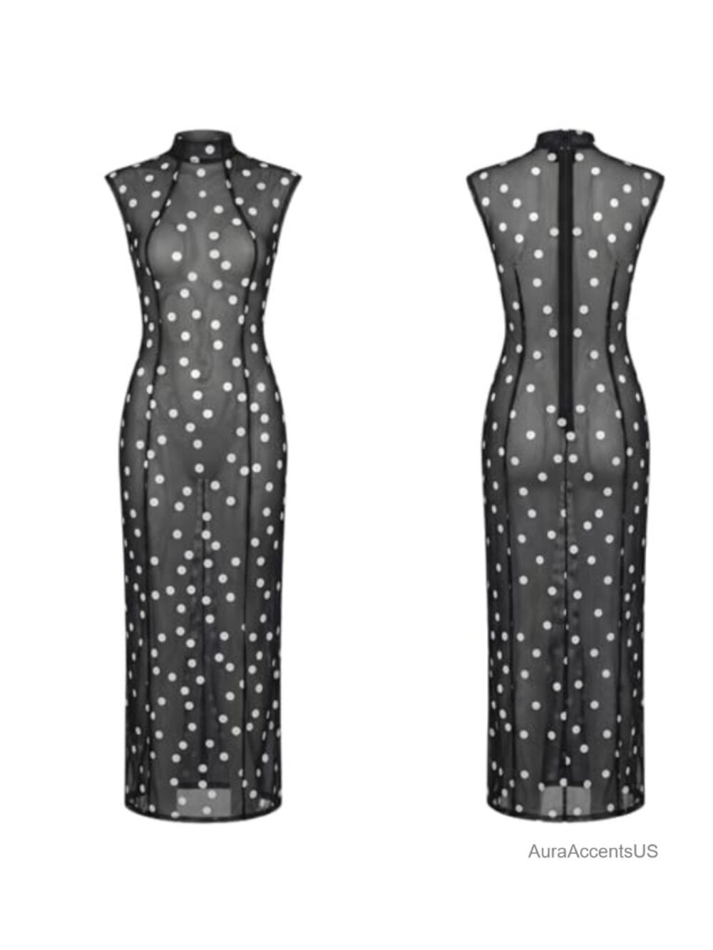 Sheer Mesh Polka Dot Maxi Dress Bodycon Sleeveless Mock Neck Beach Cover Up
